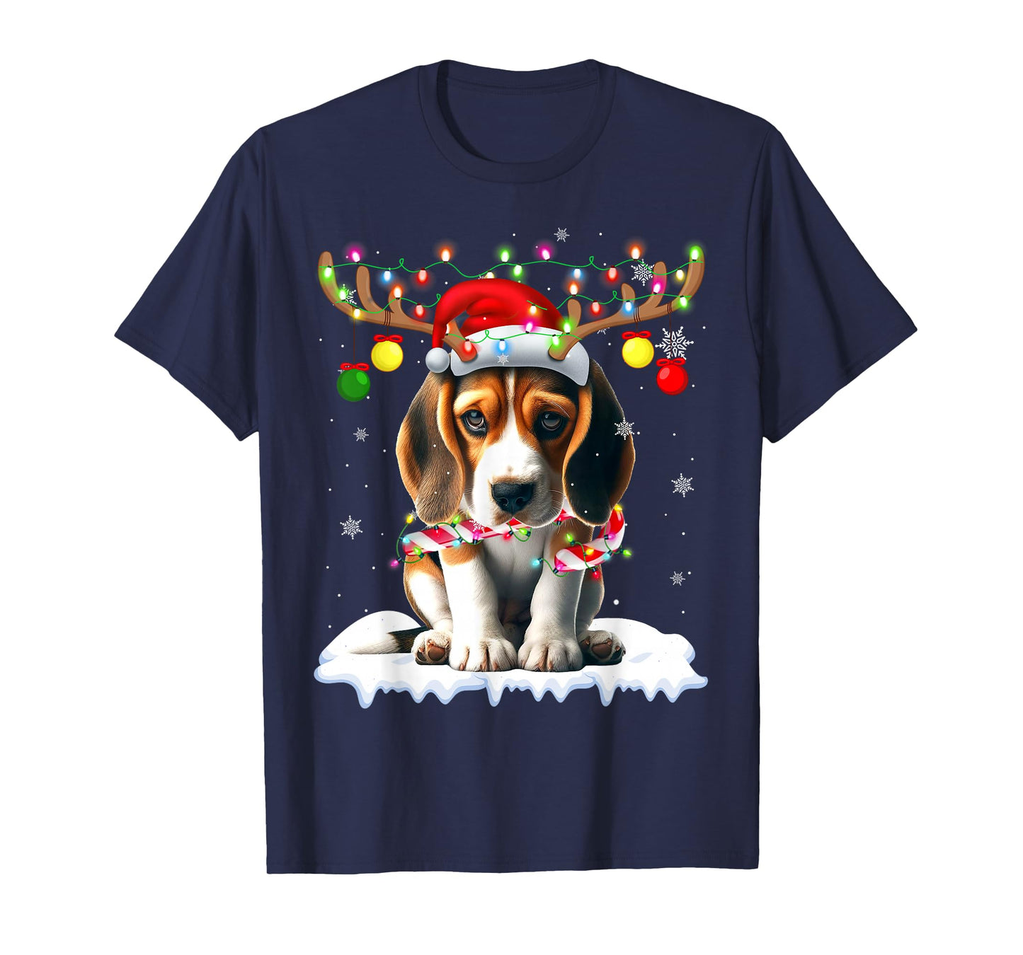 Santa Beagle Christmas Lights Funny Reindeer Dog Xmas Tree T-Shirt