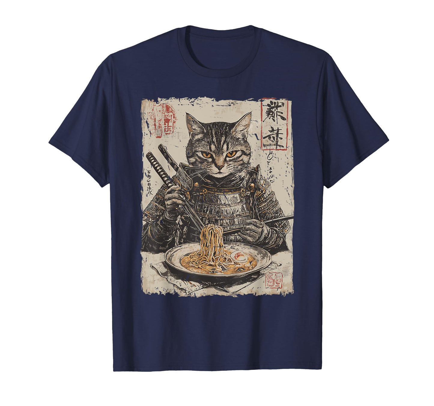 Samurai Cat Loves Ramen Funny Anime Japanese Artwork Samurai T-Shirt