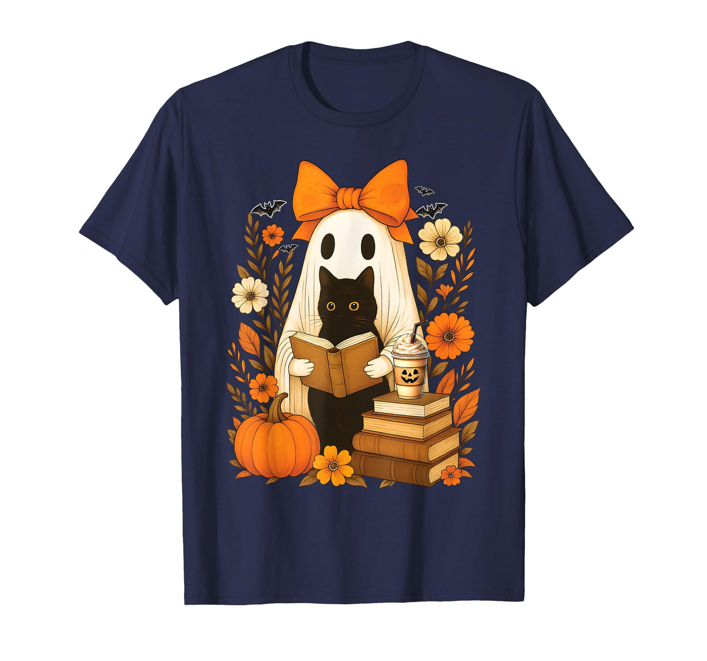 Groovy Floral Vintage Halloween Ghost Reading Book Cat Lover T-Shirt
