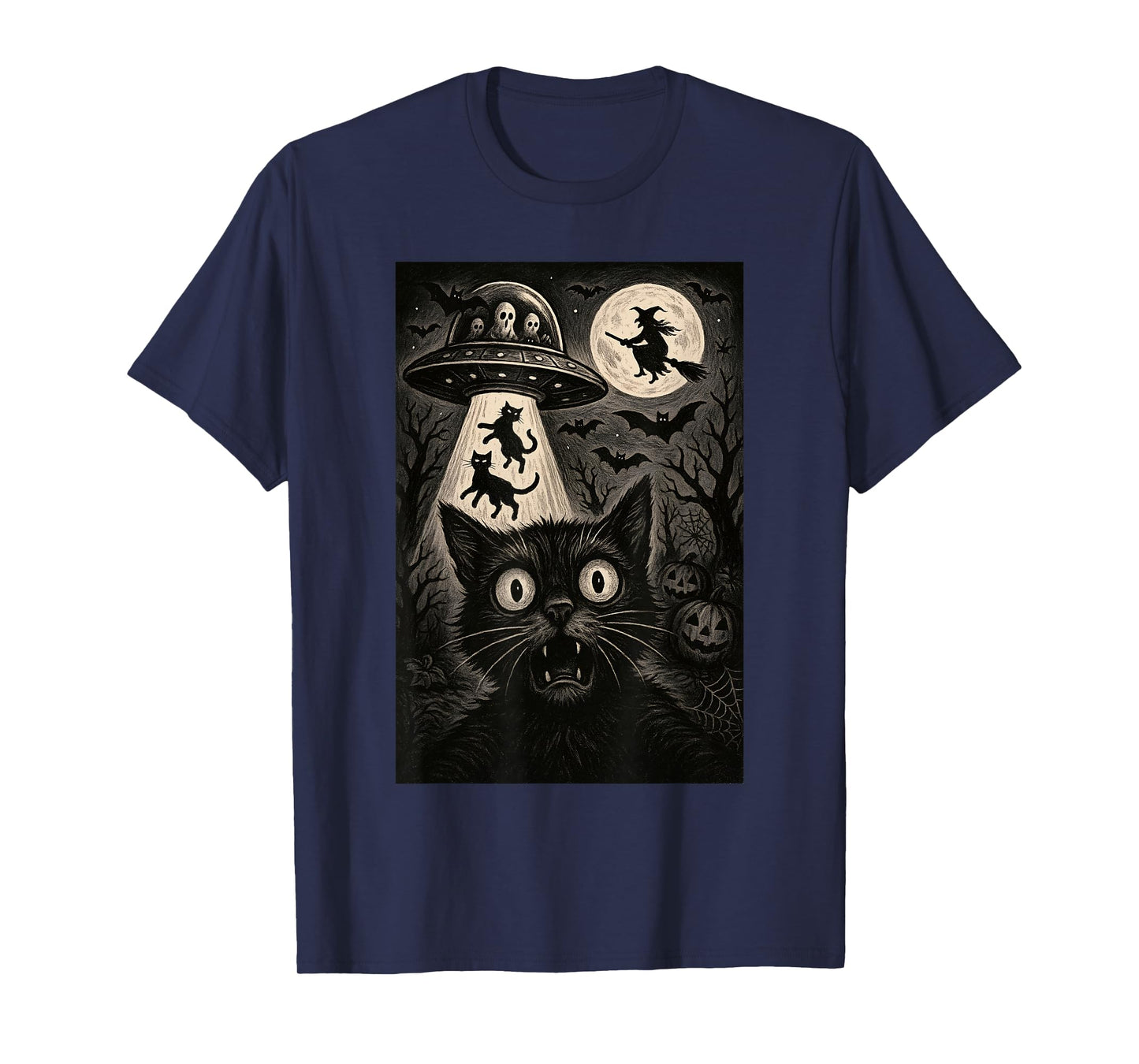 Halloween Cat Selfie Spooky Night Alien Abduction Cats UFO T-Shirt