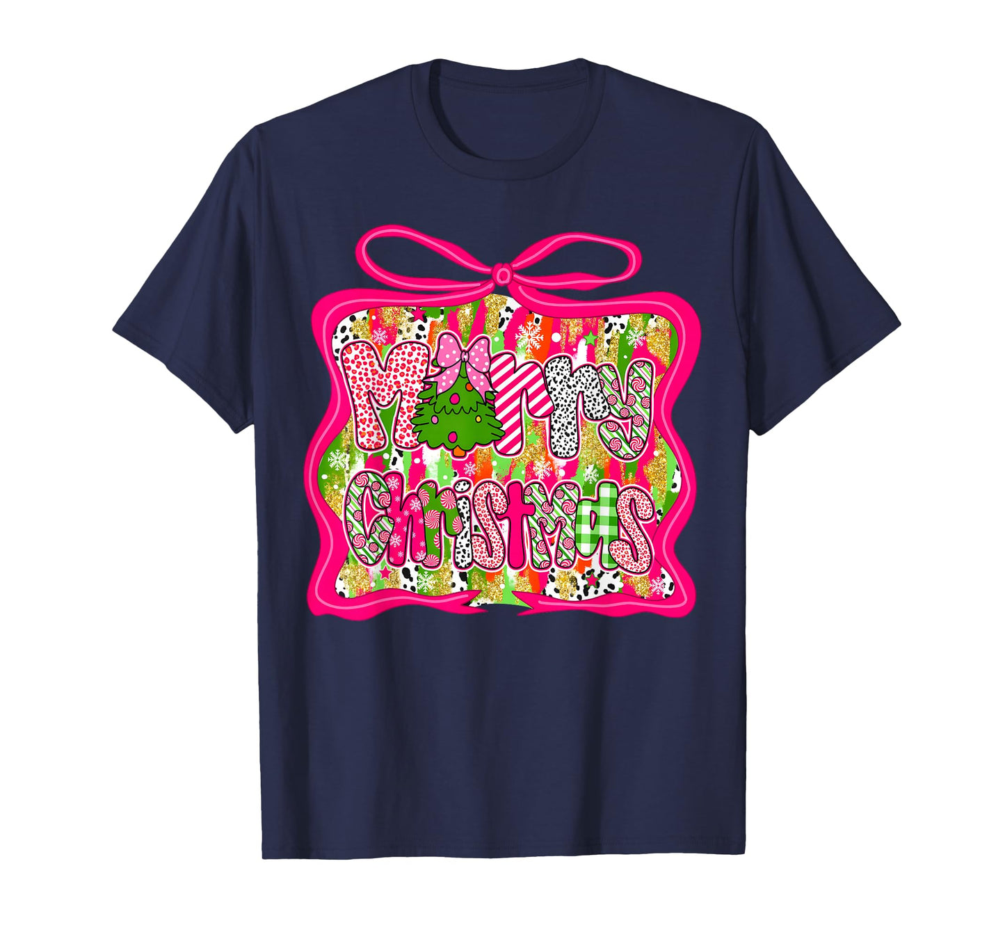 Coquette Pink Bow Merry Christmas Tree Xmas Pajamas Holiday T-Shirt