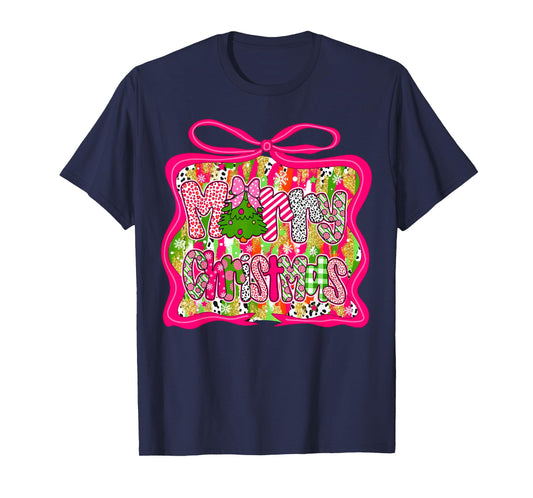 Coquette Pink Bow Merry Christmas Tree Xmas Pajamas Holiday T-Shirt