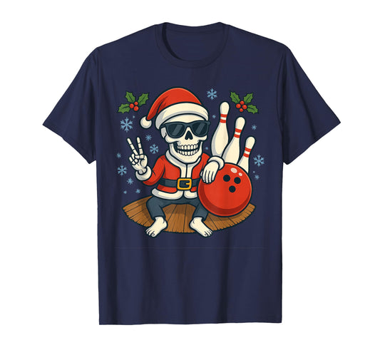Cute Santa Skeleton Bowling Christmas Funny Holiday Vibes T-Shirt