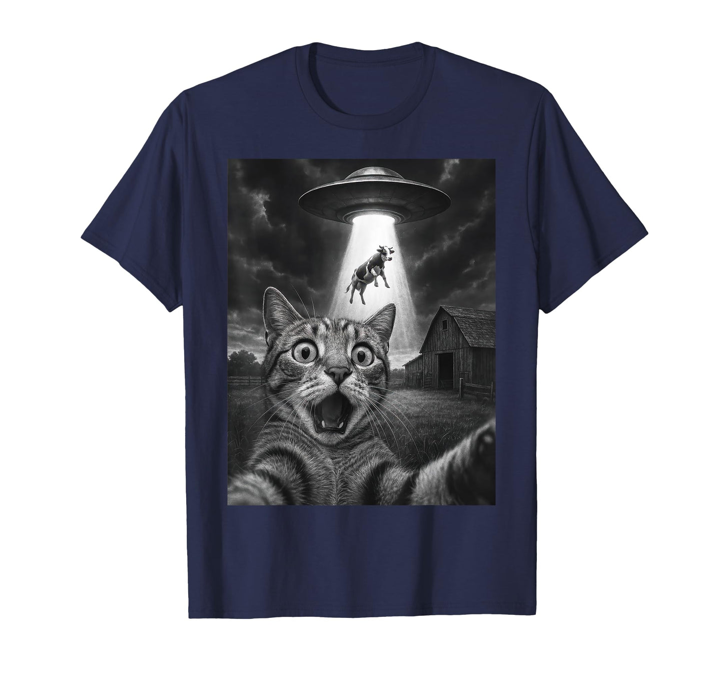 Cat Selfie With Alien and Cow - Funny Cat UFO T-Shirt for Men Women Kids