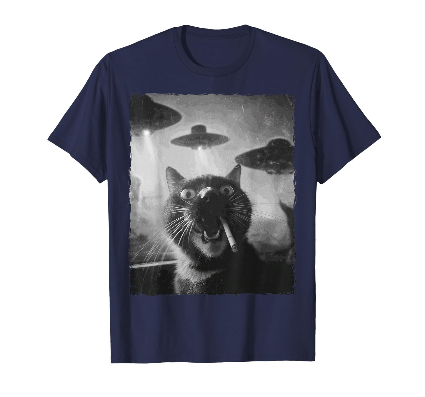 Funny Graphic Cat smoking UFOs Funny T-Shirt