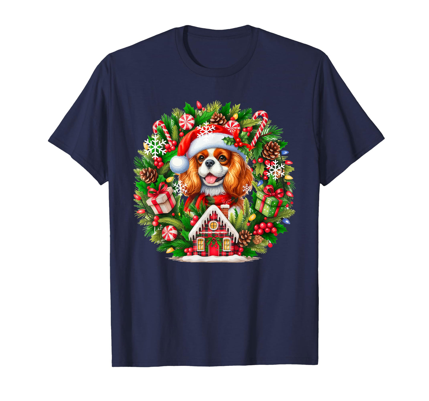 Santa Cavalier King Charles Spaniel Christmas Floral Circle T-Shirt