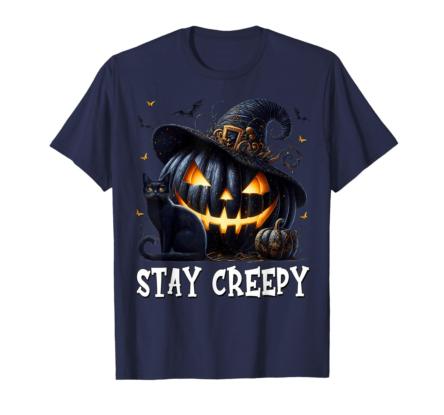 Stay Creepy Halloween Cat Lover Pumpkin Graphic for Goth Mom T-Shirt