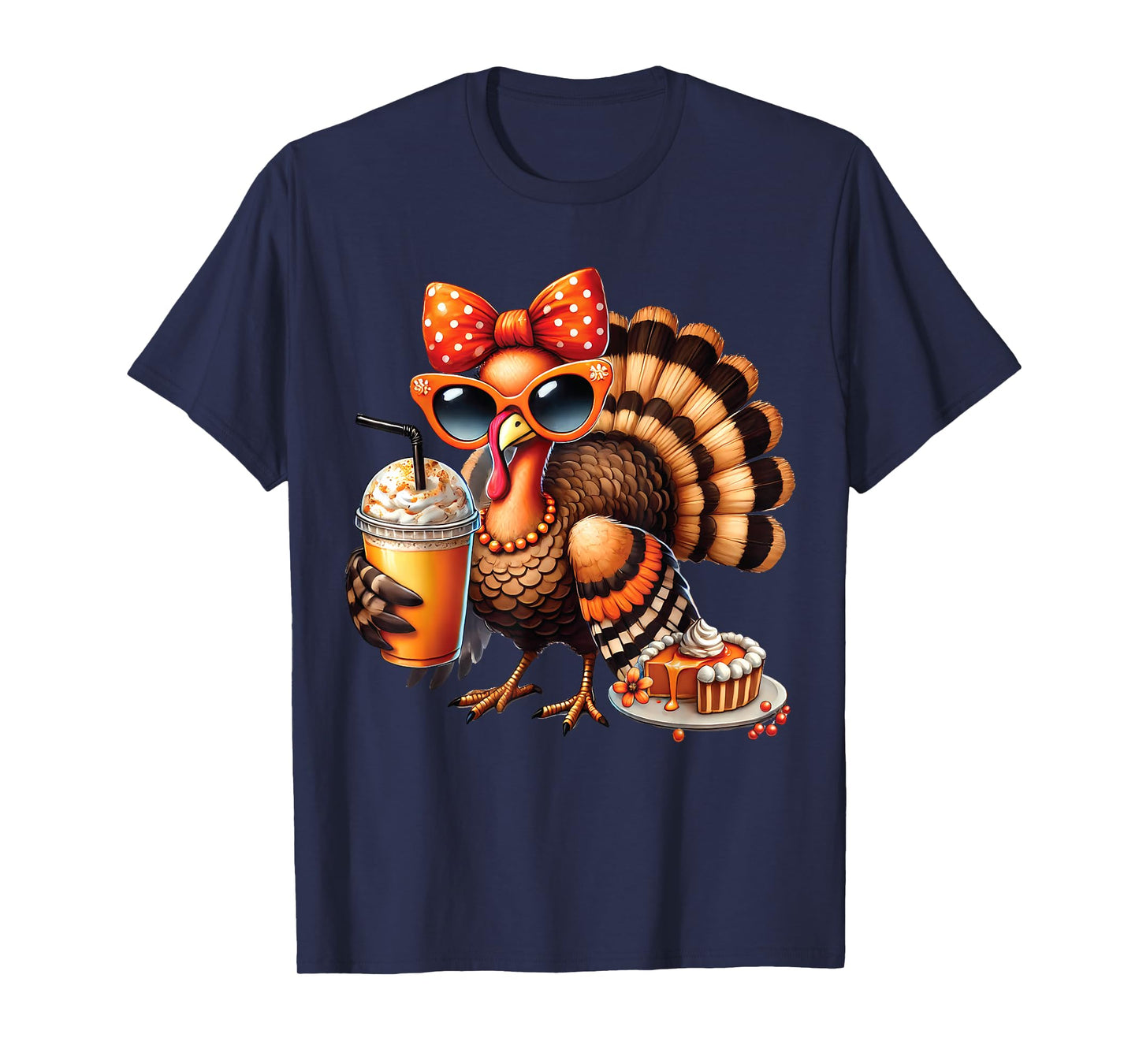 Turkey Drinking Coffee Bow Thanksgiving Womens Turkey Day T-Shirt