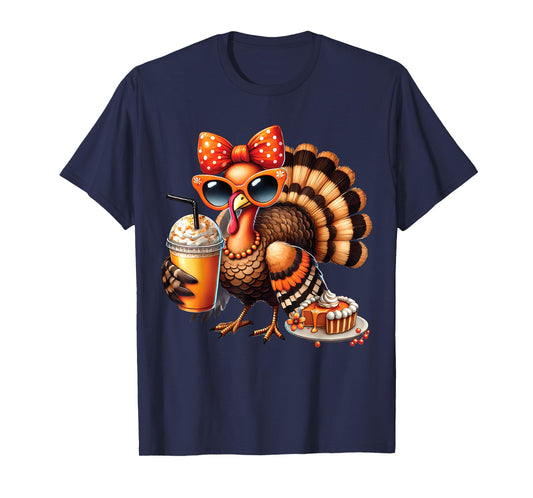 Turkey Drinking Coffee Bow Thanksgiving Womens Turkey Day T-Shirt
