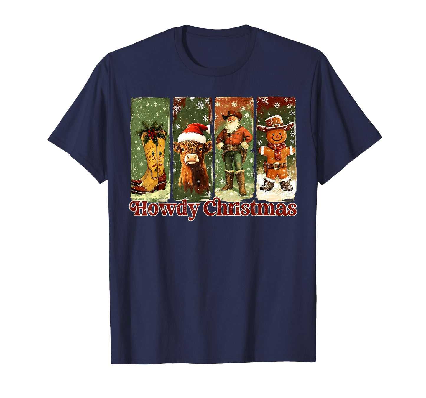 Retro Howdy Christmas Santa Highland Cow Gingerbread Cowboy T-Shirt
