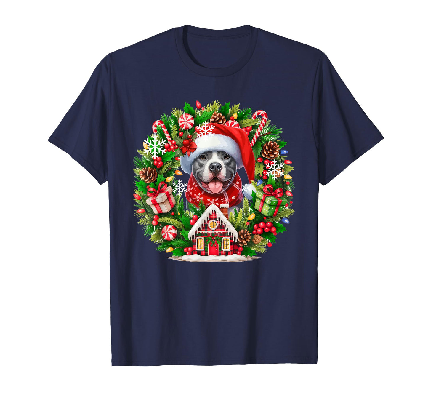 Santa Pit Bull Christmas Floral Circle Matching Owner Kids T-Shirt