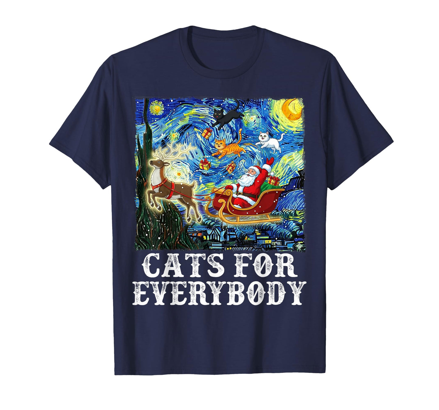 Christmas Cat for Everybody Santa Reindeer Starry Night Xmas T-Shirt