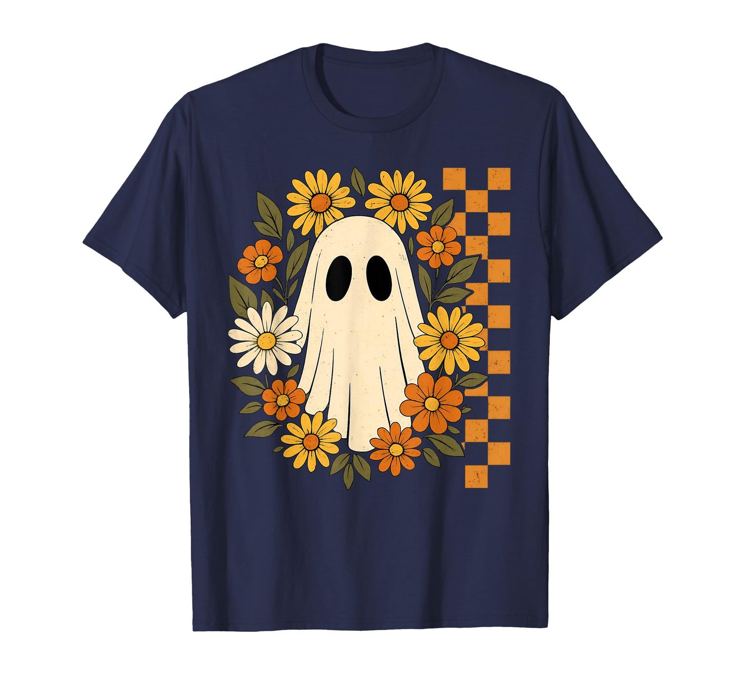 Retro Floral Ghost Checkered Autumn Halloween Women Kids T-Shirt