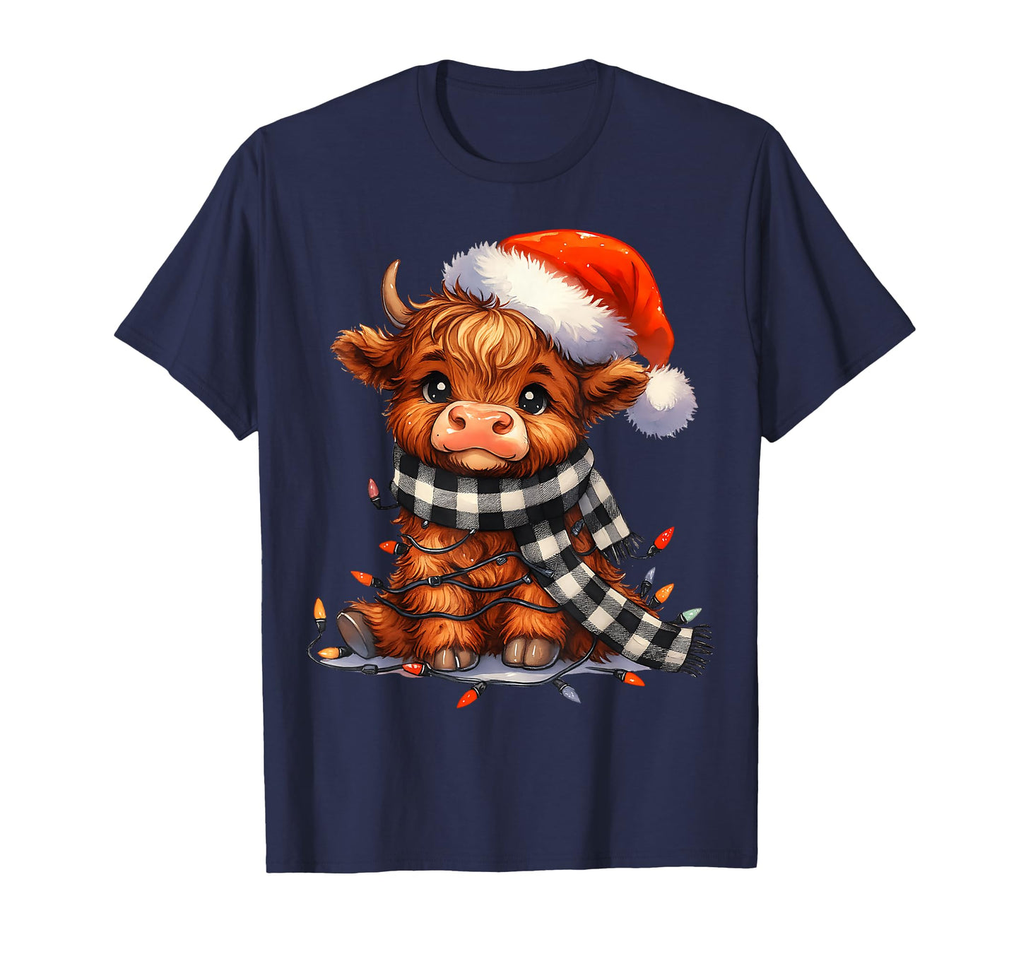 Cute Christmas Highland Cow Santa Hat Lights T-Shirt