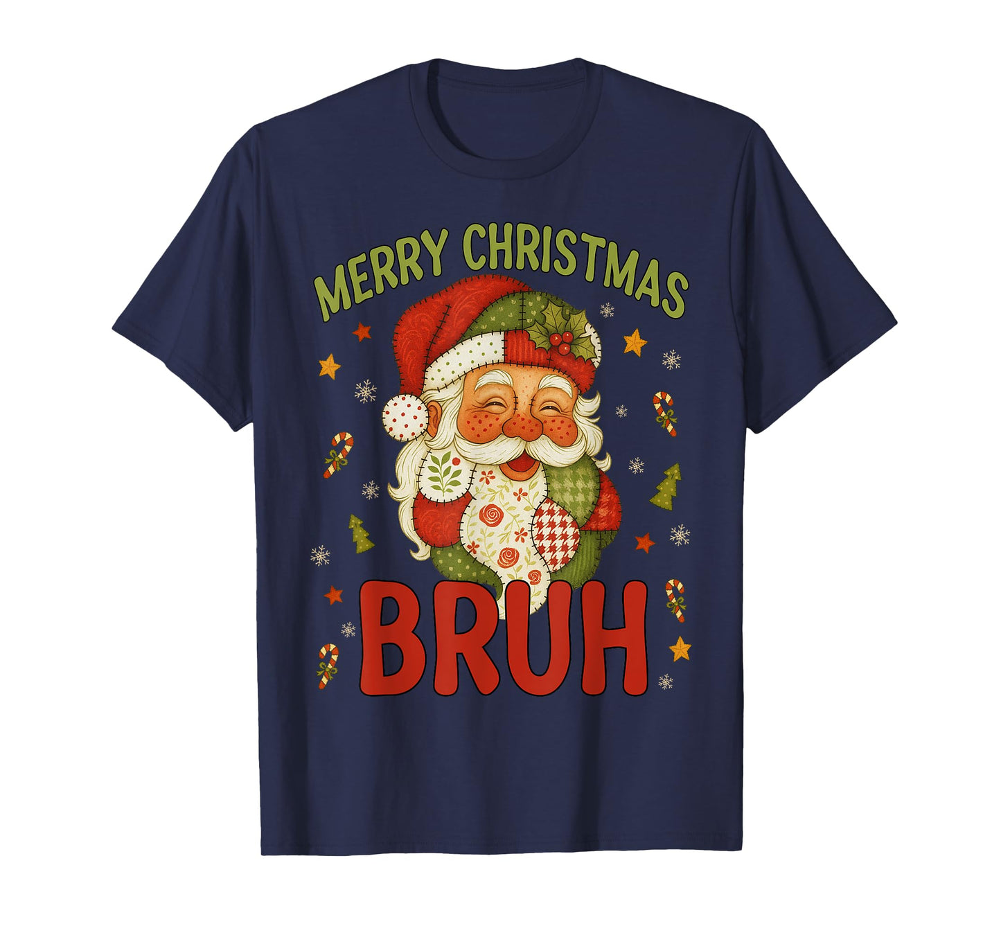 Bruh Merry Christmas Santa Claus Patchwork Matching Family T-Shirt