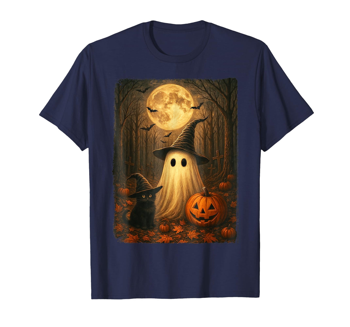Retro Black Cat Witch Scary Halloween Ghost Pumpkin Spooky T-Shirt