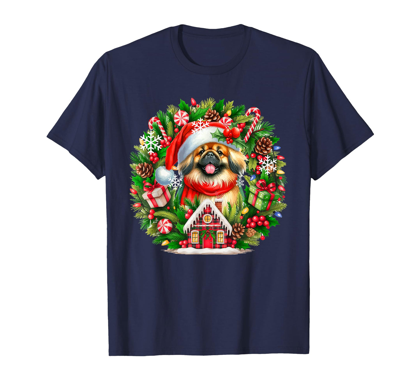 Santa Pekingese Christmas Floral Circle Matching Owner Kids T-Shirt