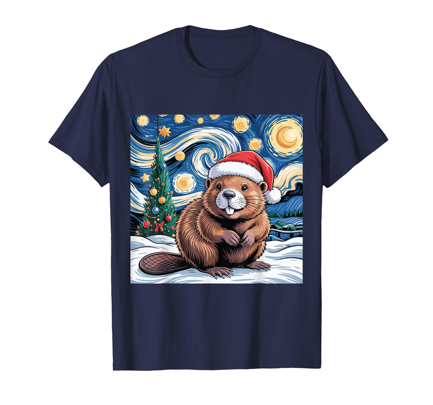 Christmas Beaver Santa Hat Starry Night Winter Tree Holiday T-Shirt