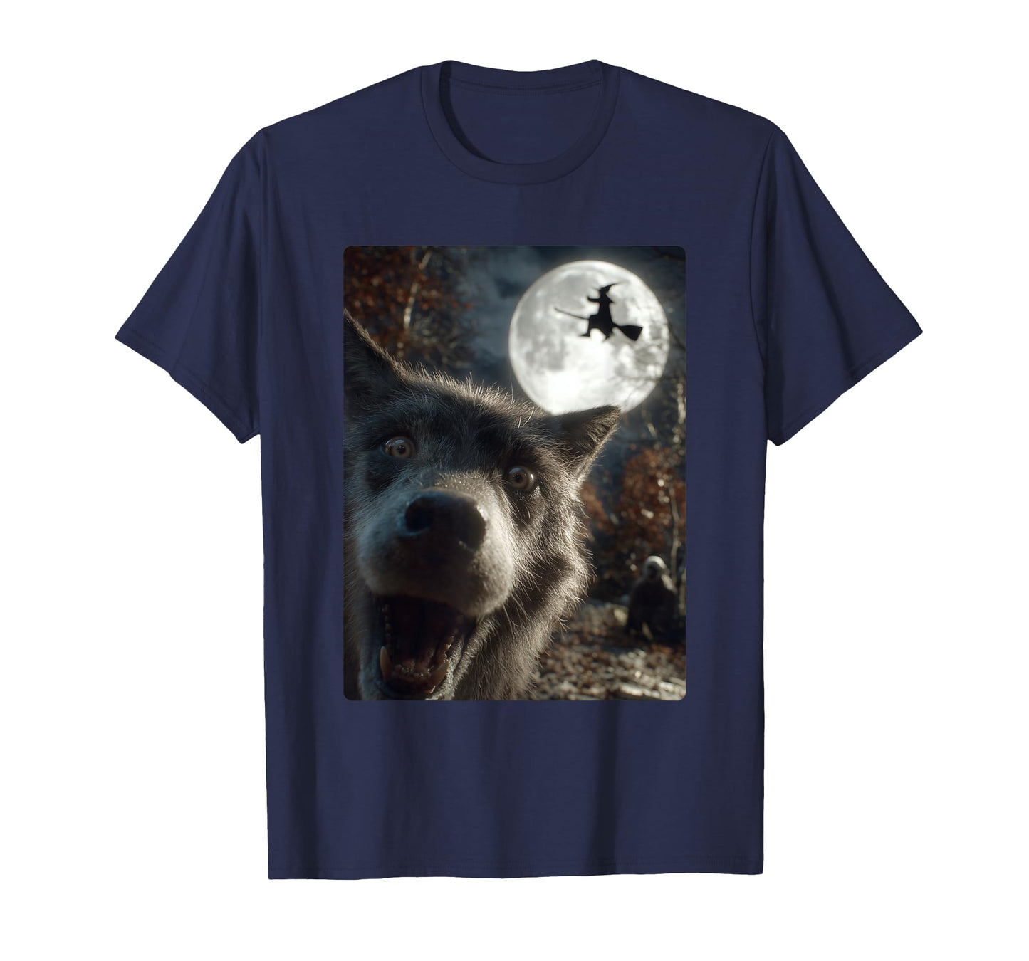 Funny Wolf Selfie Full Moon Flying Witch Forest Halloween T-Shirt
