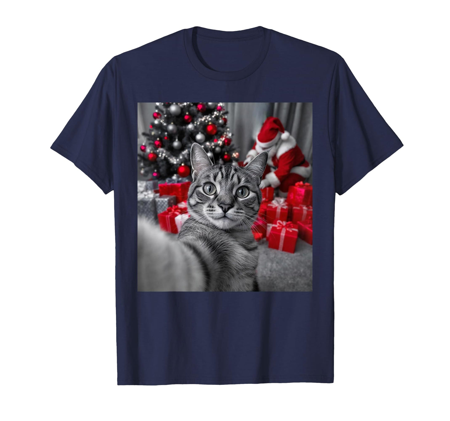Funny Cat Selfie with Santa Claus Christmas Meme T-Shirt