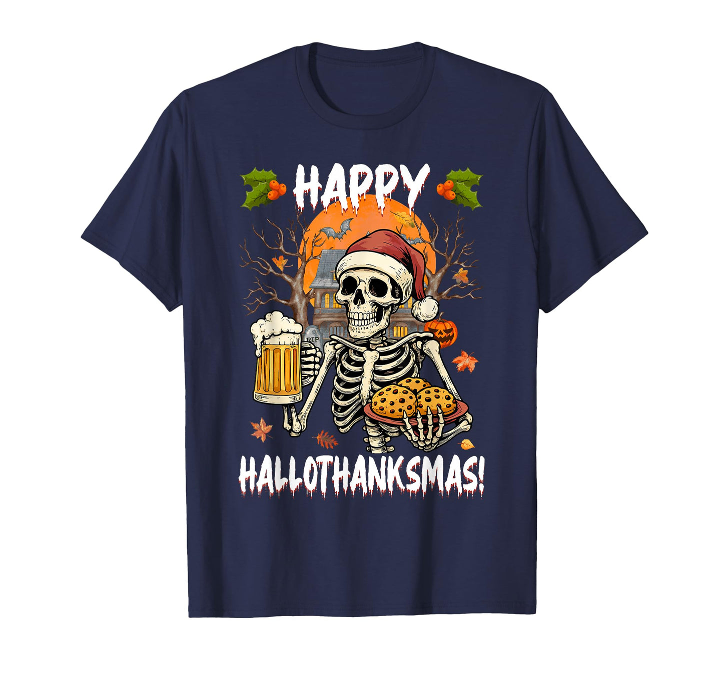 Happy Hallothanksmas Skeleton Drinking Beer & Santa Hat Men T-Shirt