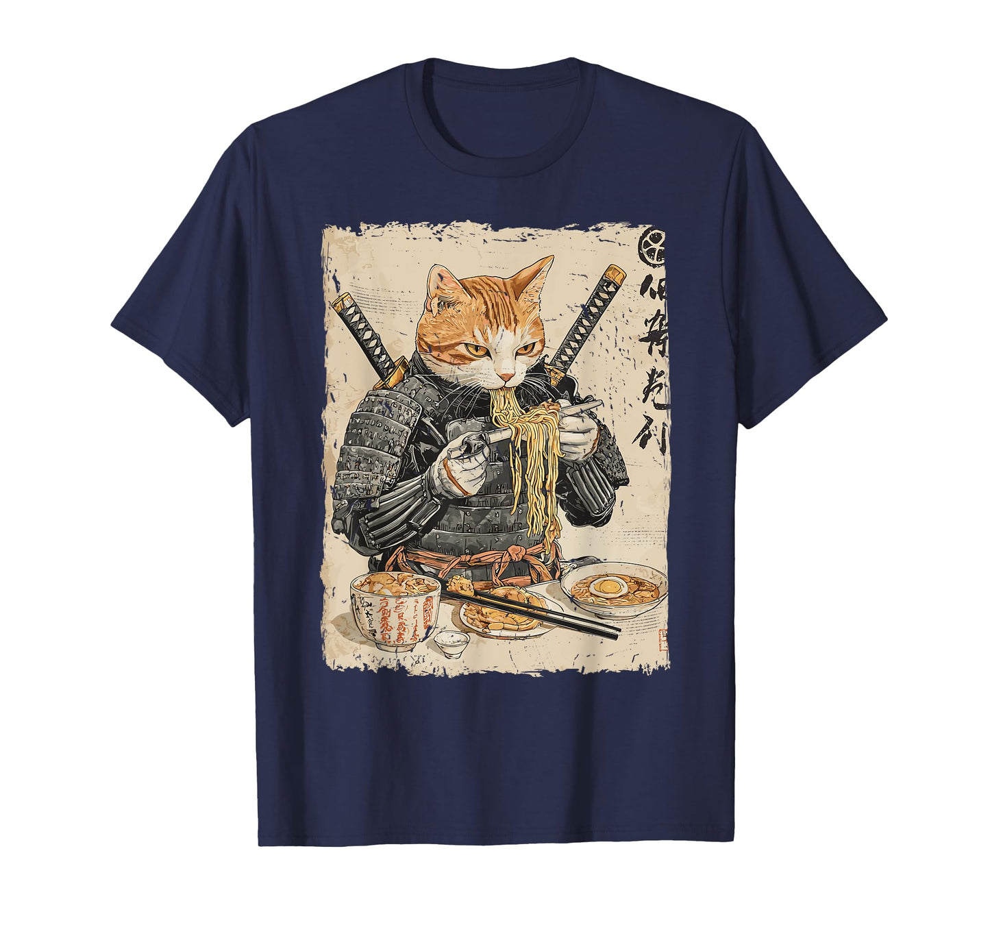 Samurai Cat Loves Ramen Funny Anime Japanese Artwork Samurai T-Shirt