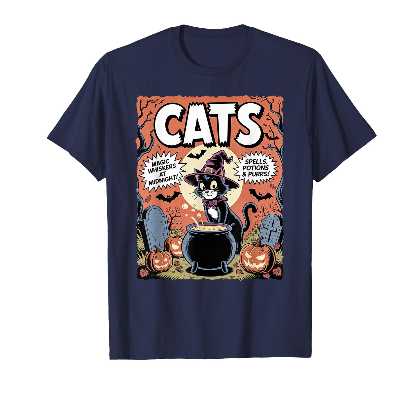 Black Cat in Witch Costume Funny Halloween Spooky Cute Comic T-Shirt