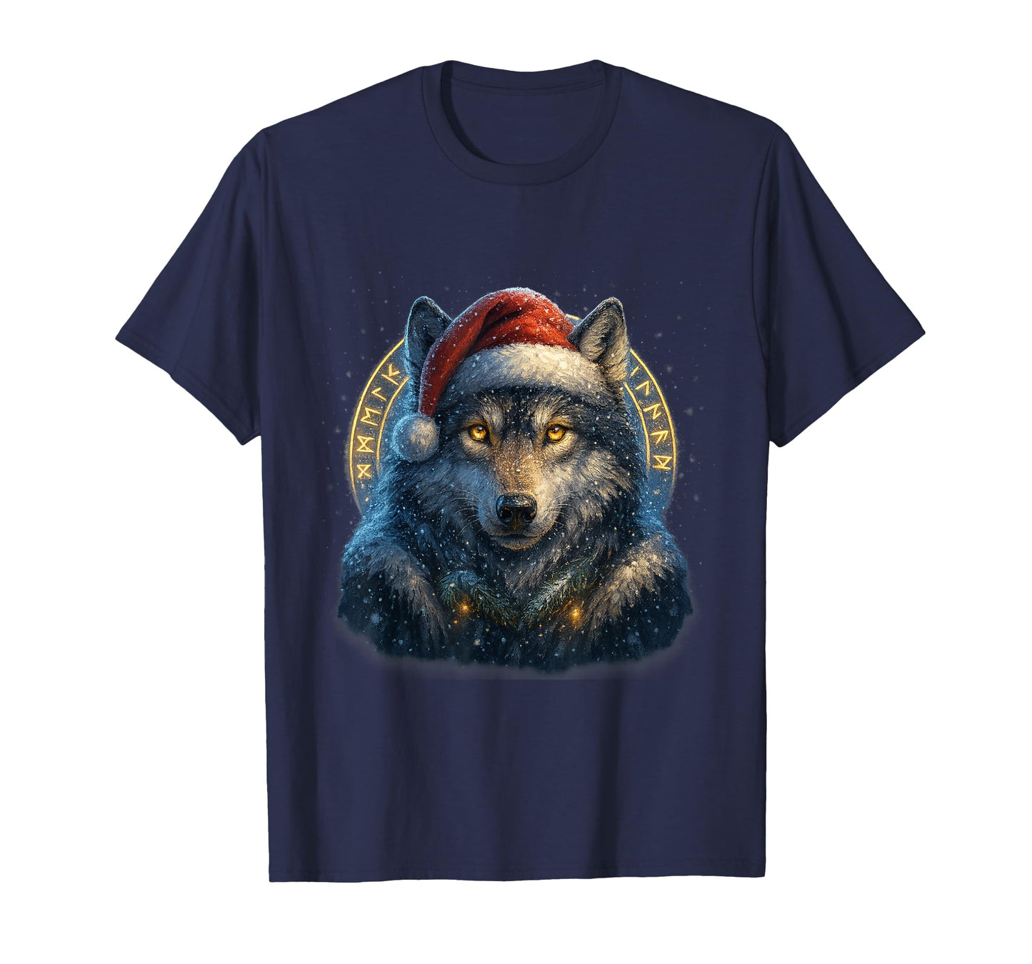 Viking Christmas Wolf with Santa Hat Design T-Shirt