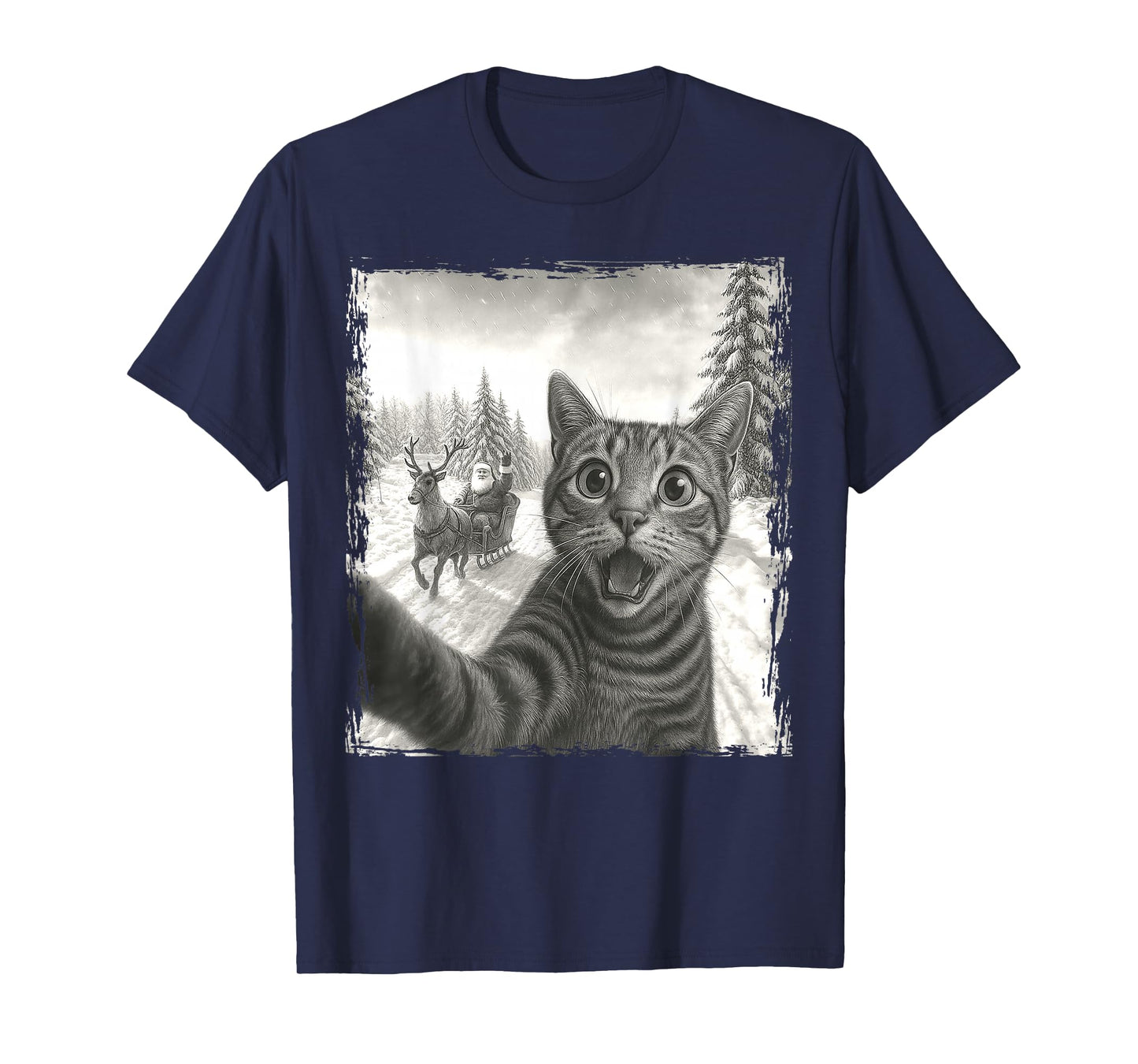 Selfie with Santa Sleigh Funny Cat Christmas Cat Mom Dad T-Shirt