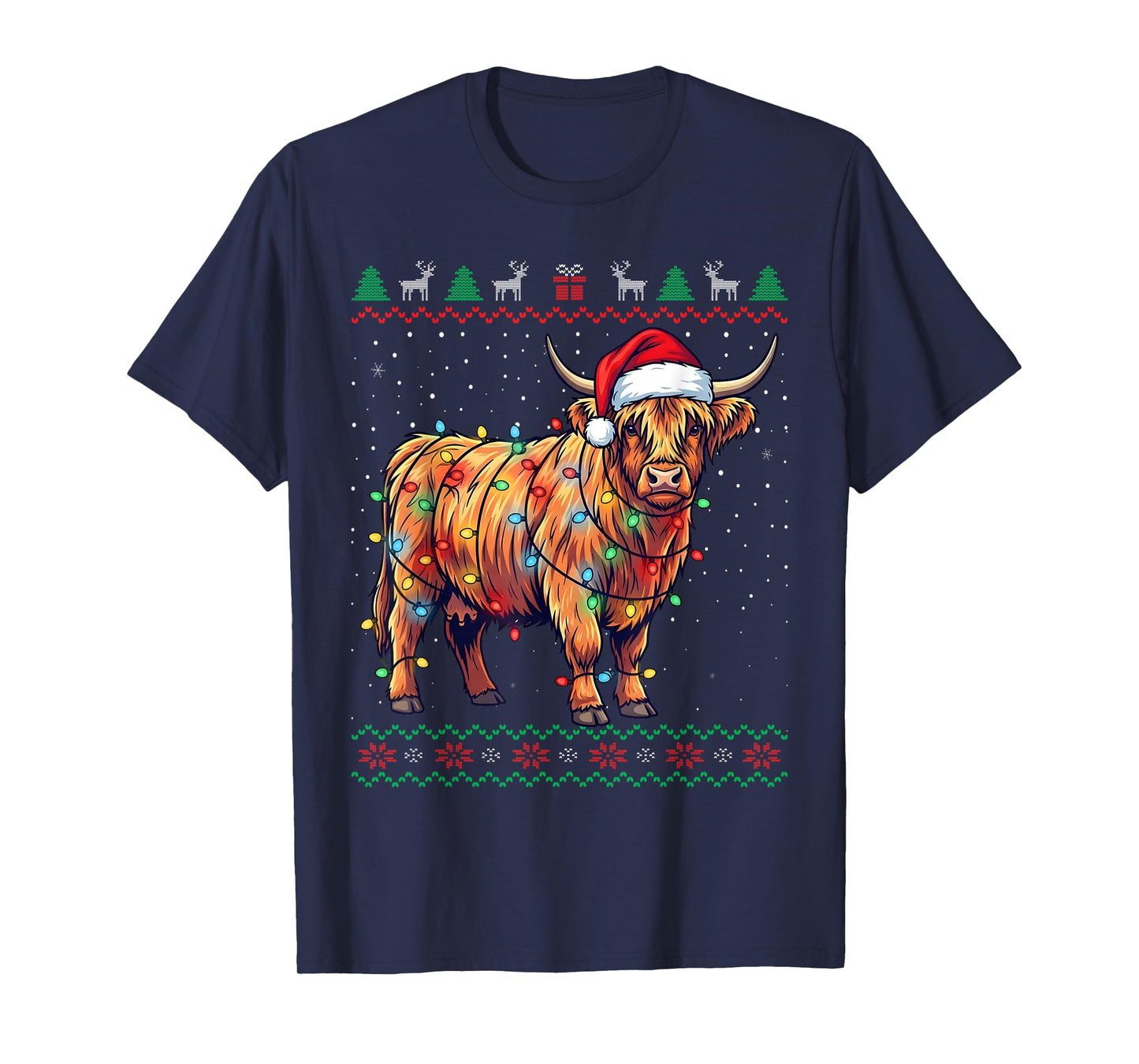 Funny Highland Cow Christmas Lights Santa Hat Holiday T-Shirt