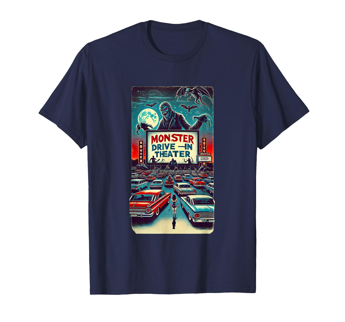 Retro Monster Horror Drive-In Halloween Design T-Shirt