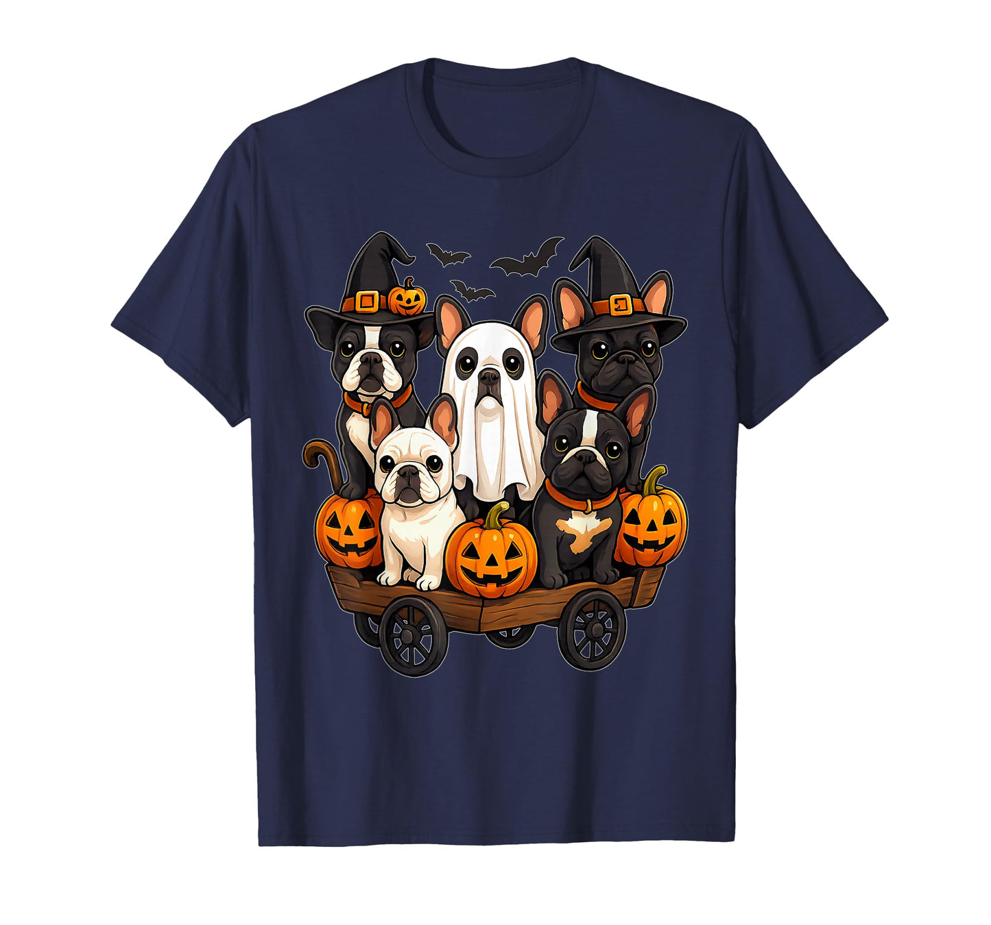 Halloween Bulldog Dogs Ghost Witch Pumpkins Wooden Wagon T-Shirt