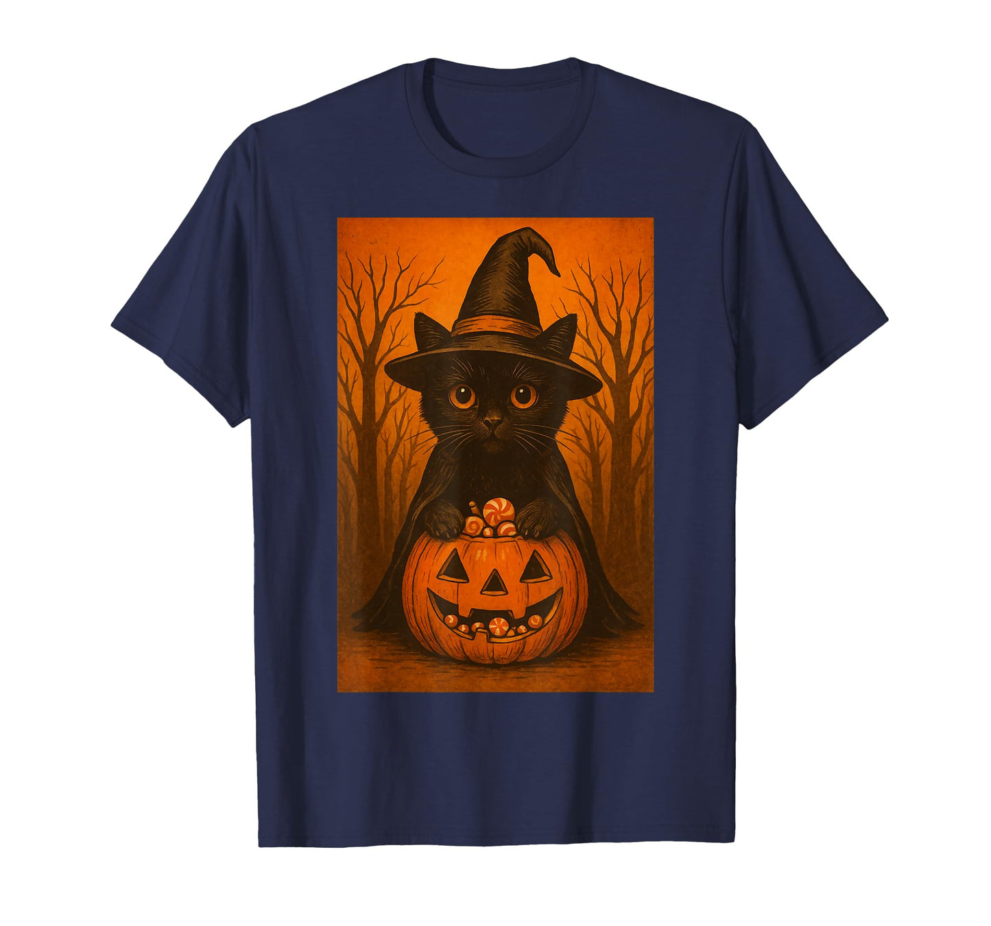 Vintage Black Cat Witch Pumpkin Halloween Candy Design T-Shirt