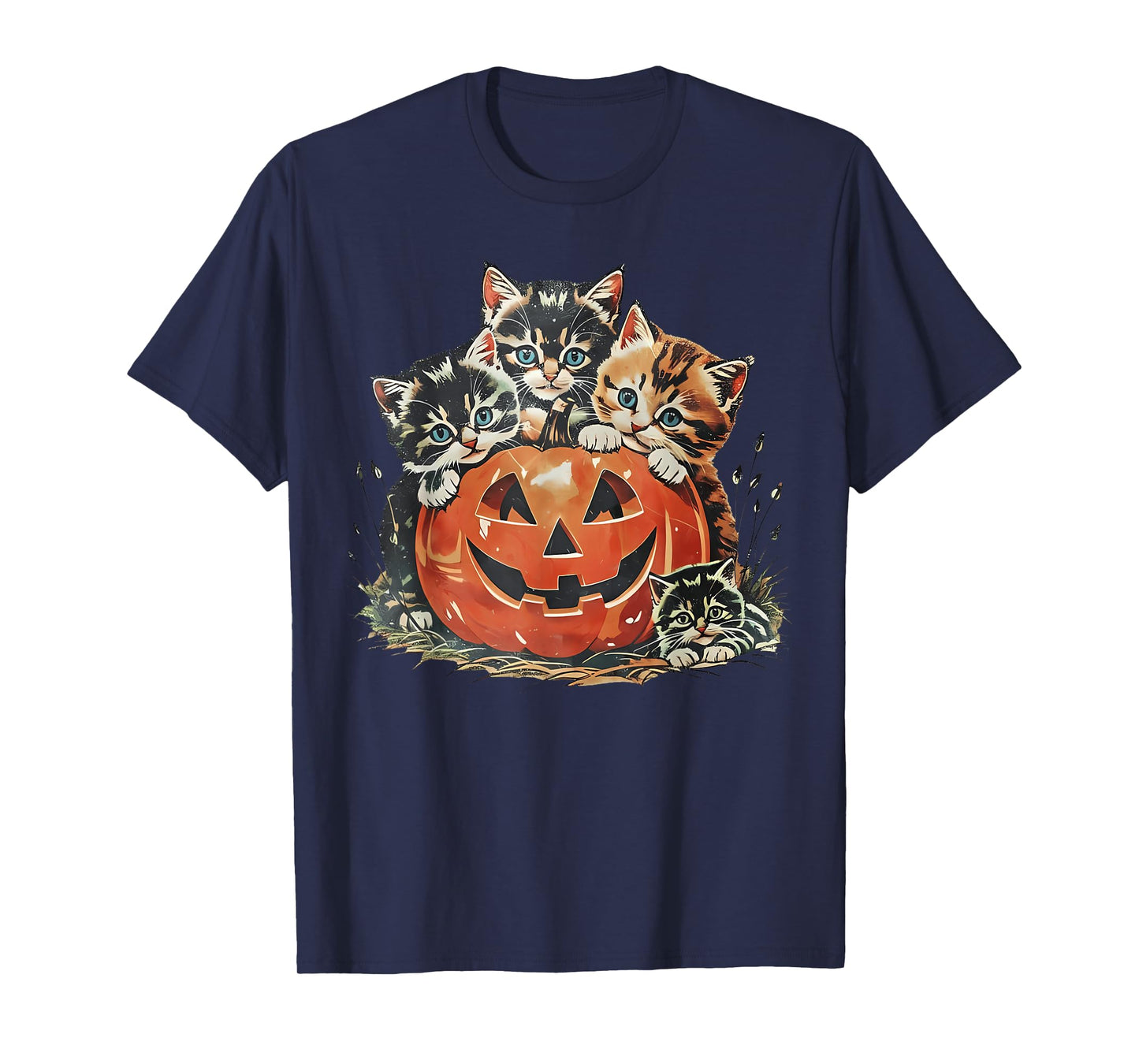 Vintage 90s Cat Pumpkin Halloween Retro Floral Spooky Season T-Shirt