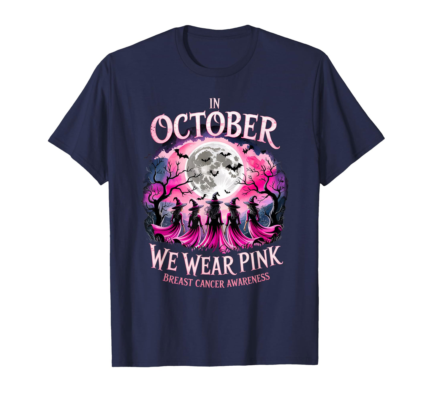 in October We Wear Pink Retro Witch Breast Cancer Awareness T-Shirt