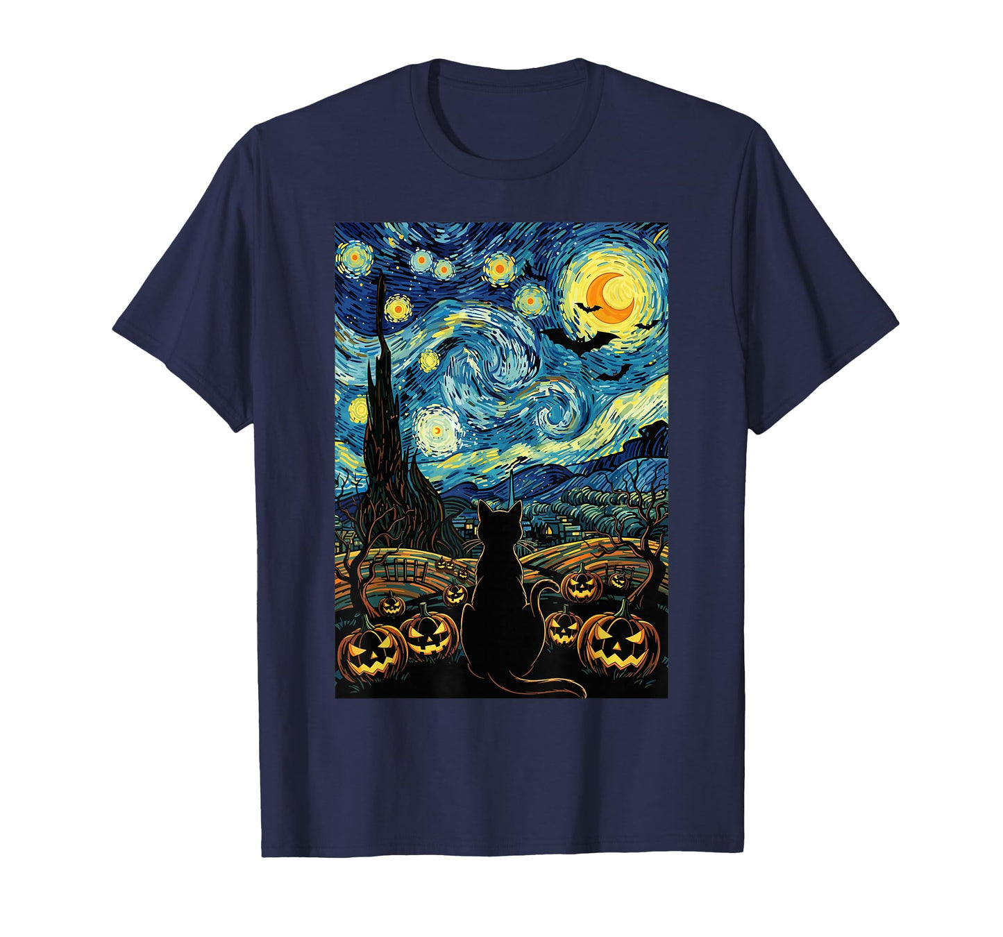 Halloween Starry Night Cat Pumpkin Moon Bat Art Scene T-Shirt