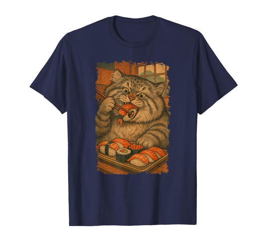Manul Pallas´s Cat Eats Sushi Japanese Vintage T-Shirt