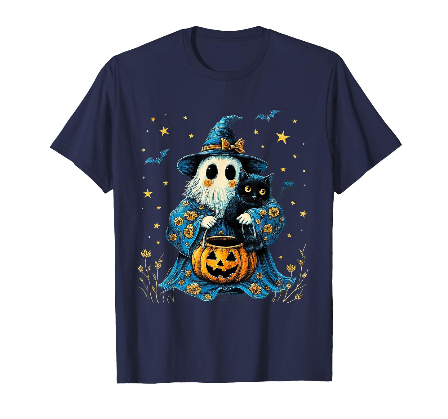 Ghost Holding Black Cat Lover Halloween 2025 Groovy Floral T-Shirt