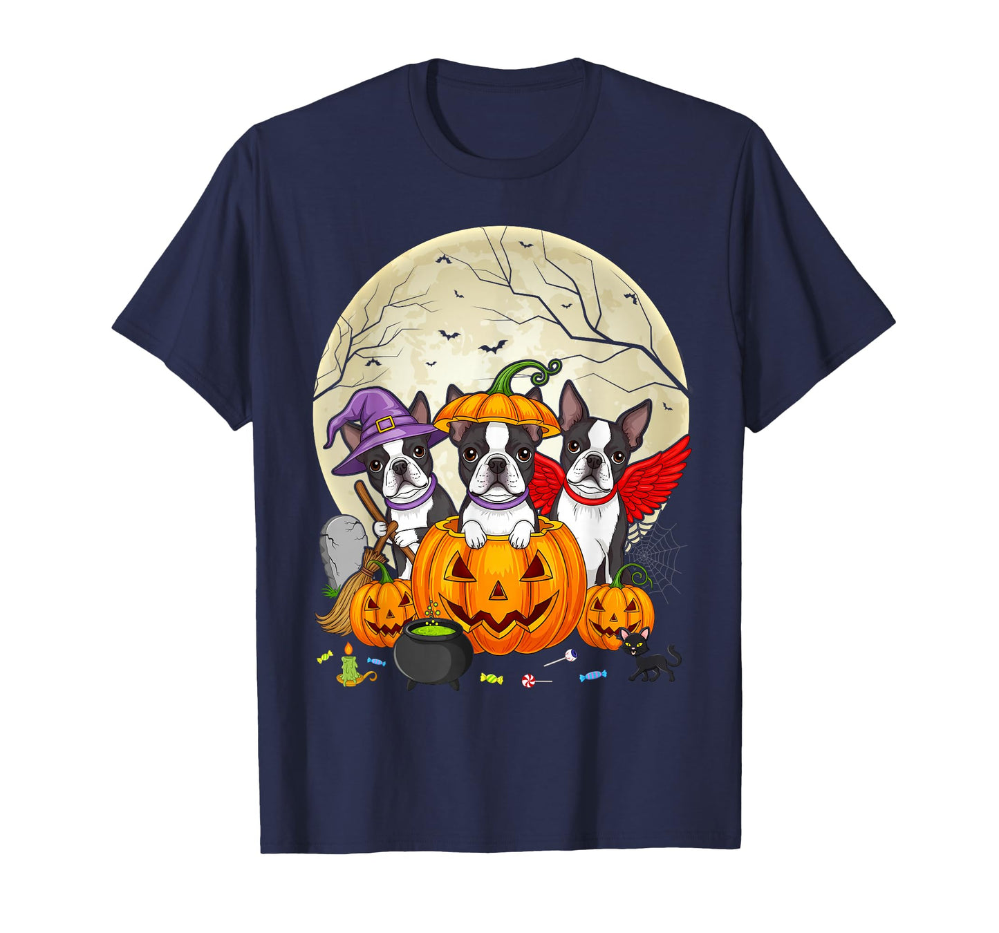 Funny Pumpkin Witch Boston Terrier Dog Halloween T-Shirt