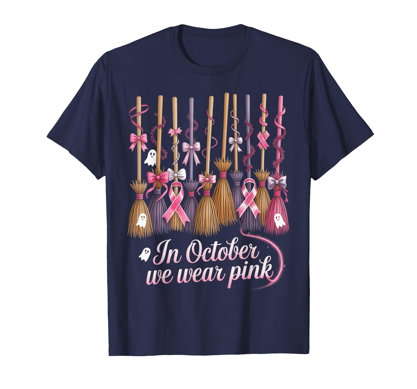 in October We Wear Pink Witches Brooms Spooky Breast Cancer T-Shirt