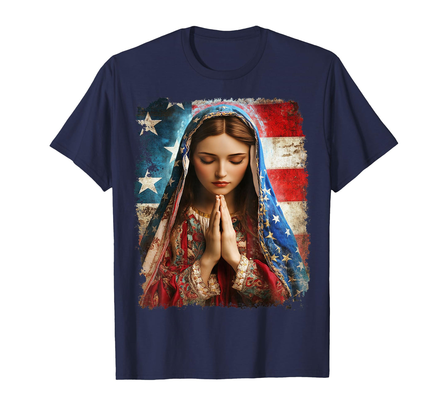 US Flag American The Virgin Mary Religious Christian T-Shirt