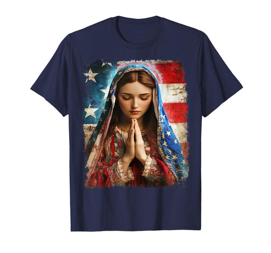 US Flag American The Virgin Mary Religious Christian T-Shirt