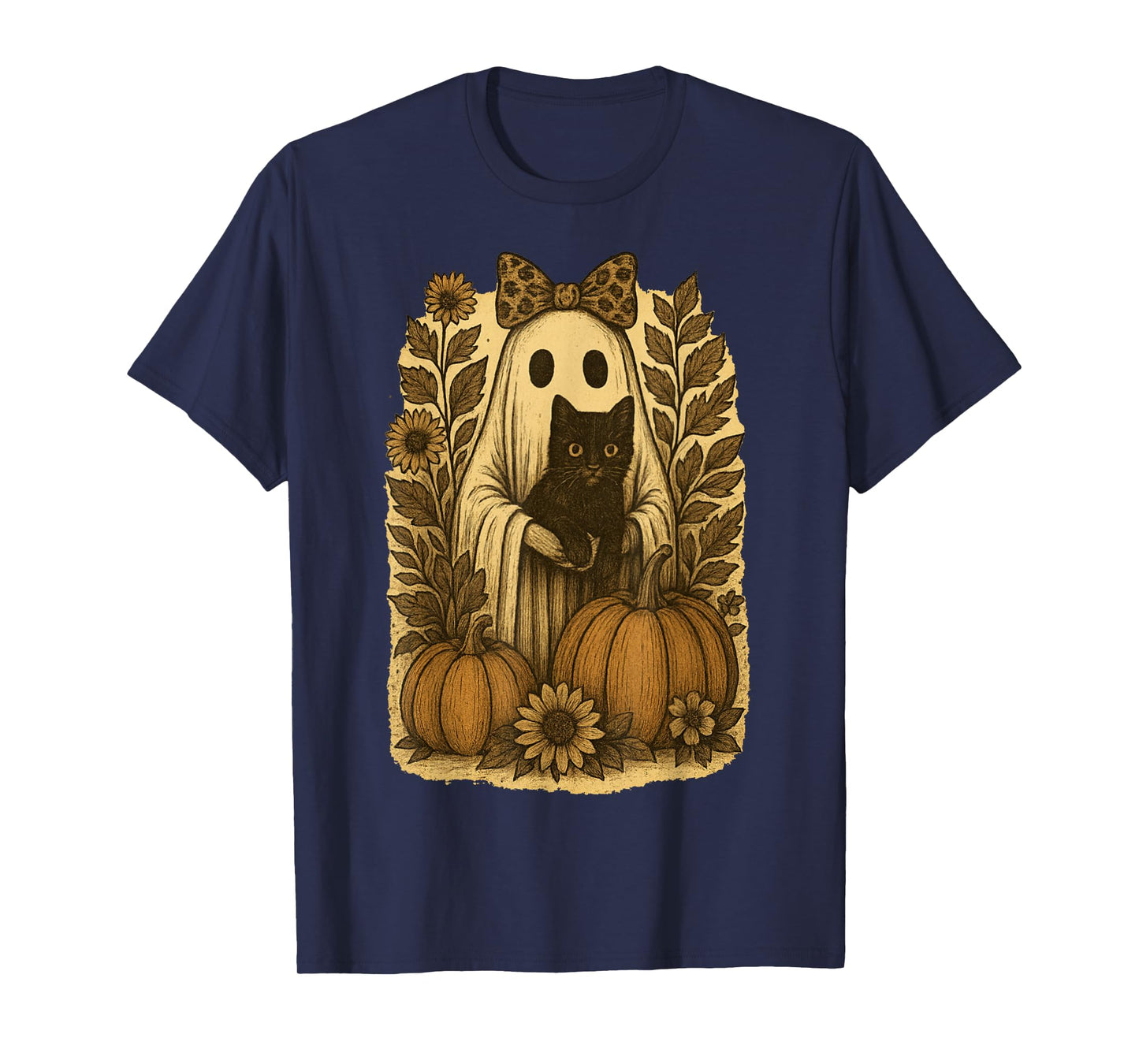Vintage Halloween Ghost Holding Black Cat Groovy Floral T-Shirt