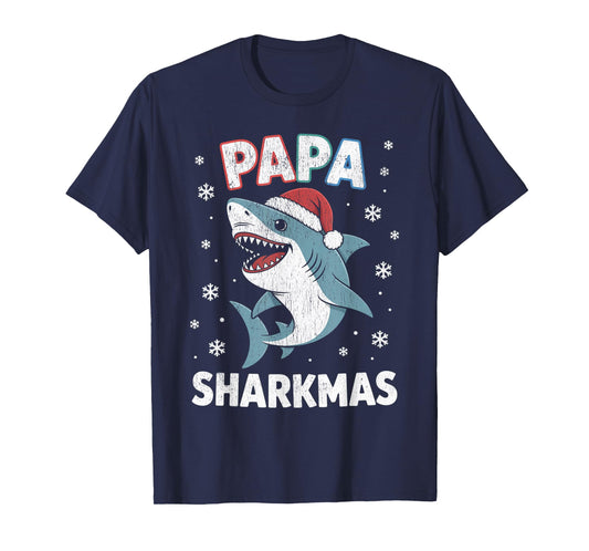 Papa Sharkmas Funny Shark Santa Hat Ugly Christmas Sweater T-Shirt