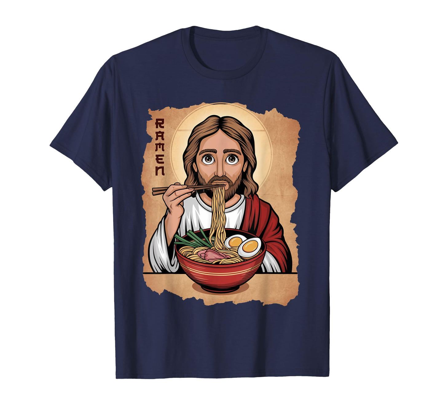 Cute Jesus Eating Ramen Noodles Ocean Waves Japanese Art T-Shirt