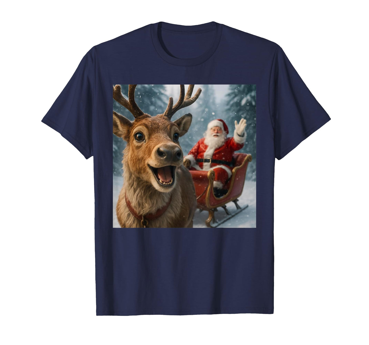 Funny Santa Claus in Sleigh with Reindeer Christmas Holiday T-Shirt