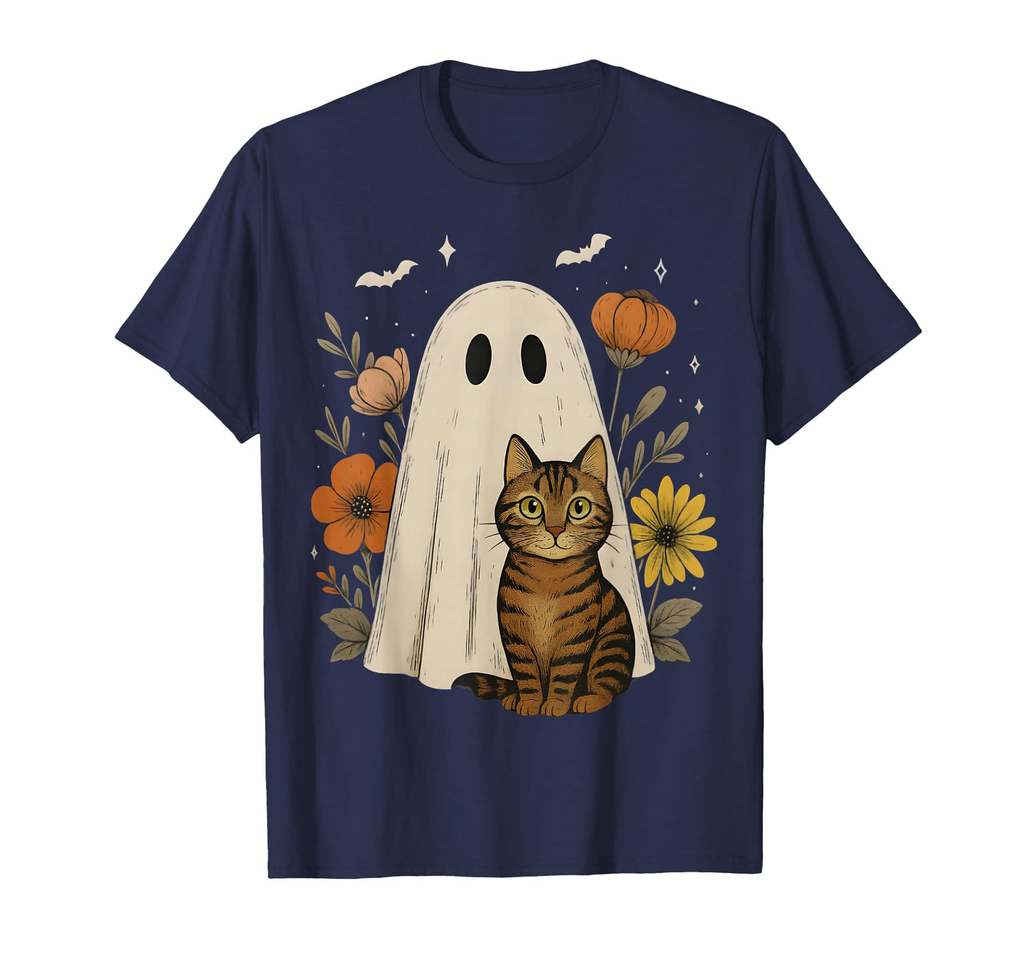 Vintage Halloween Ghost Tabby Cat Groovy Floral Funny Boo T-Shirt