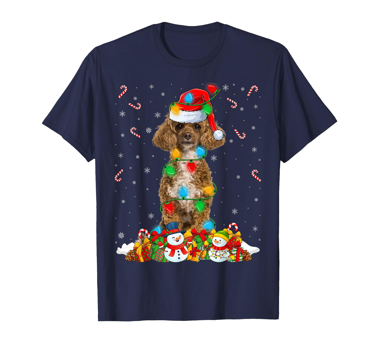 Poodle Dog Christmas Lights Funny Santa Hat Xmas T-Shirt