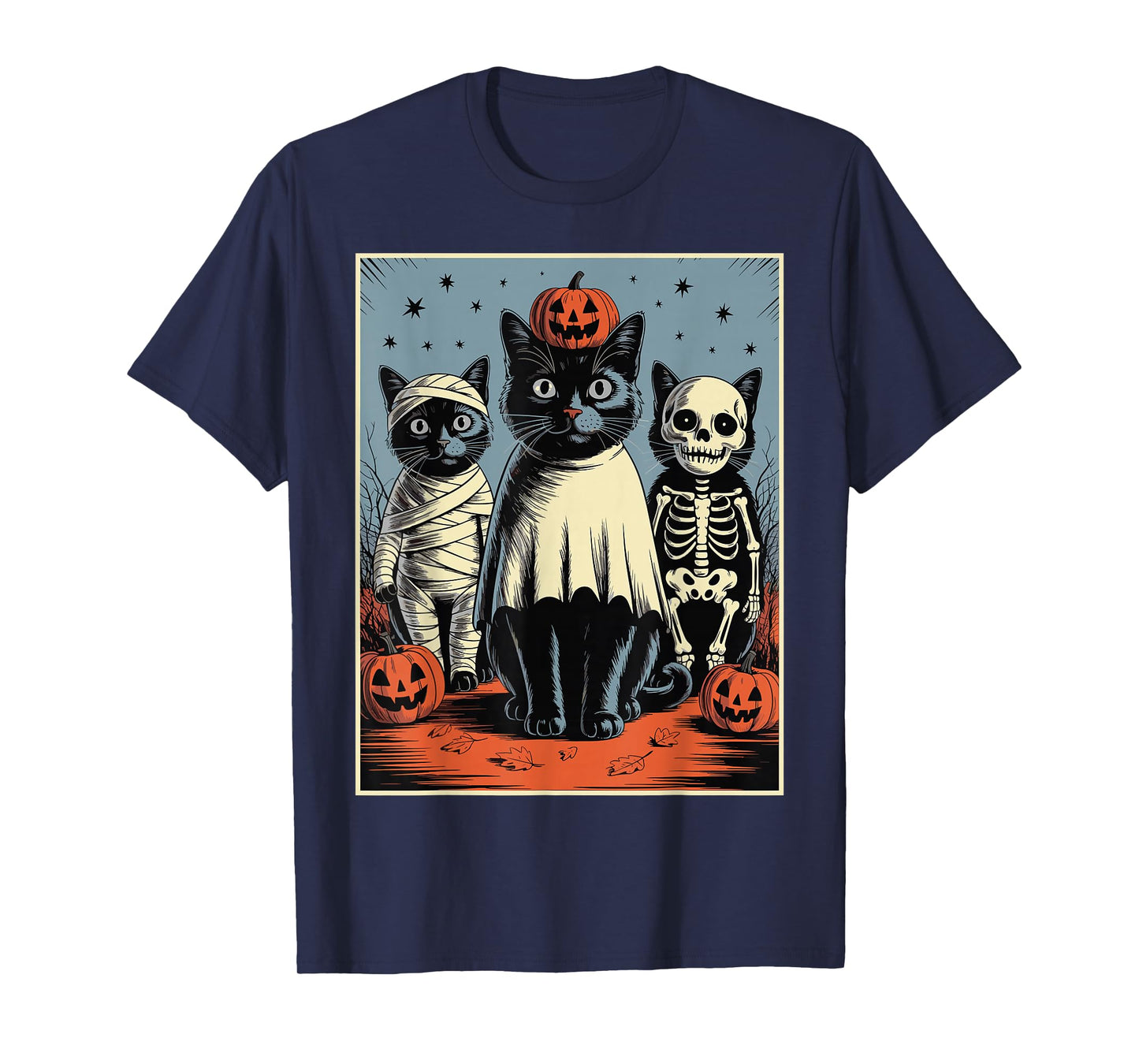 Retro Black Cat Witch Scary Halloween Pumpkin Women Men Kids T-Shirt