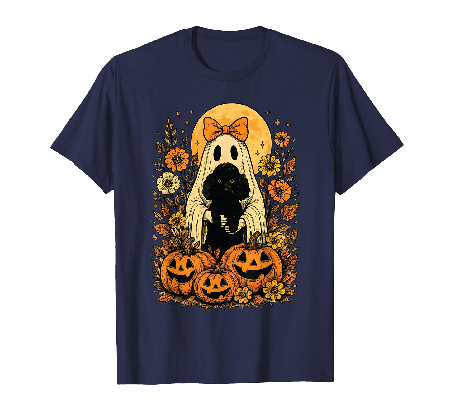 Vintage Halloween Ghost Holding Poodle Dog T-Shirt